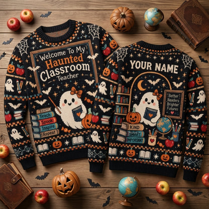 Personalized Haunted Classroom Teacher Ugly Sweater - Fun Halloween School Gift - mockup 2