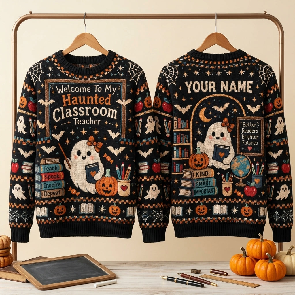 Personalized Haunted Classroom Teacher Ugly Sweater - Fun Halloween School Gift - mockup 3