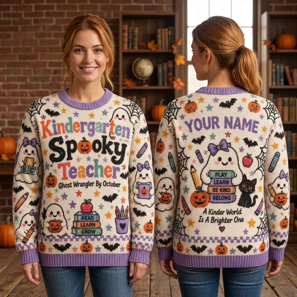 Custom Kindergarten Spooky Teacher Ugly Sweater - Halloween Ghost Wrangler Gift - mockup 1