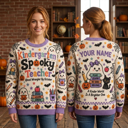 Custom Kindergarten Spooky Teacher Ugly Sweater - Halloween Ghost Wrangler Gift - mockup 1