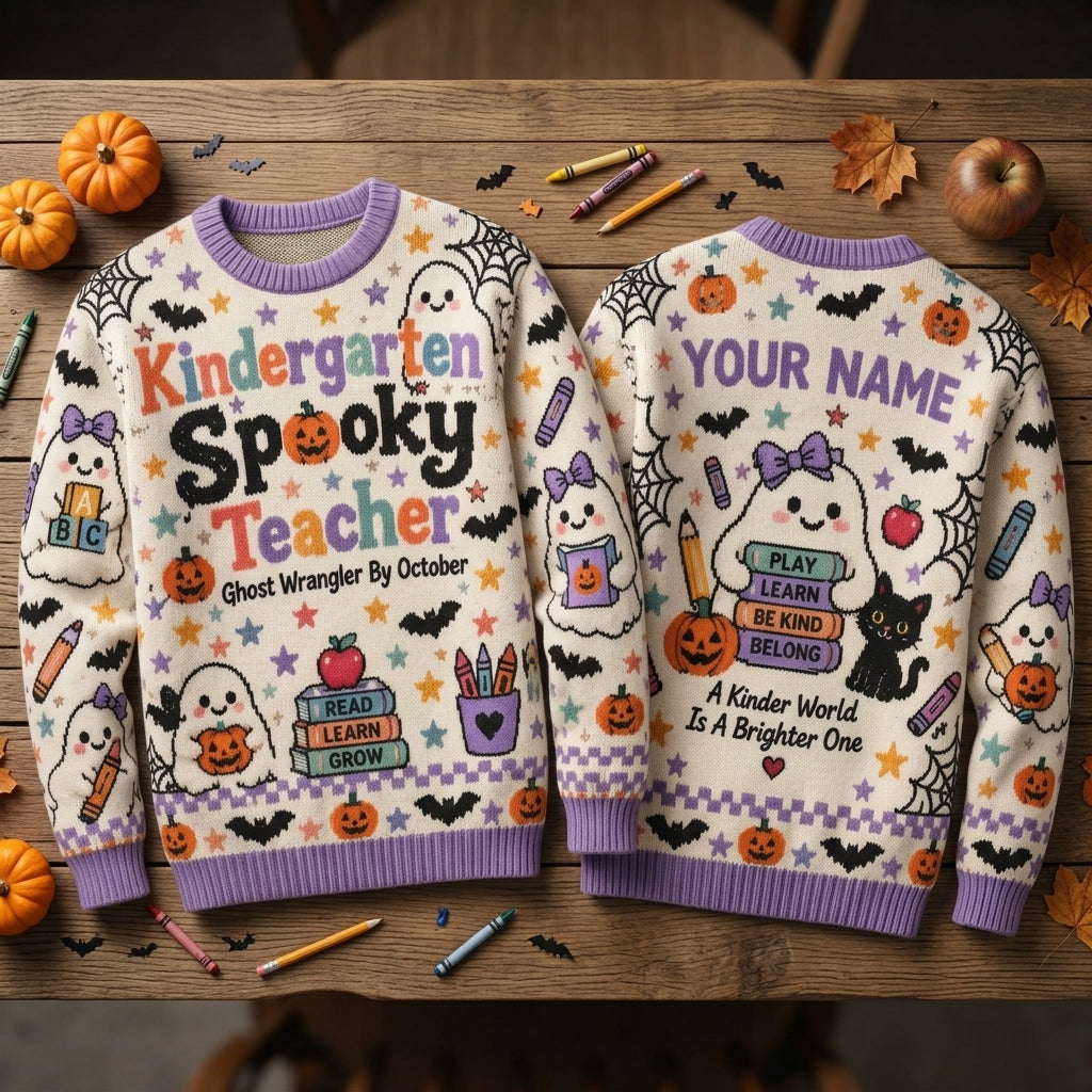 Custom Kindergarten Spooky Teacher Ugly Sweater - Halloween Ghost Wrangler Gift - mockup 2