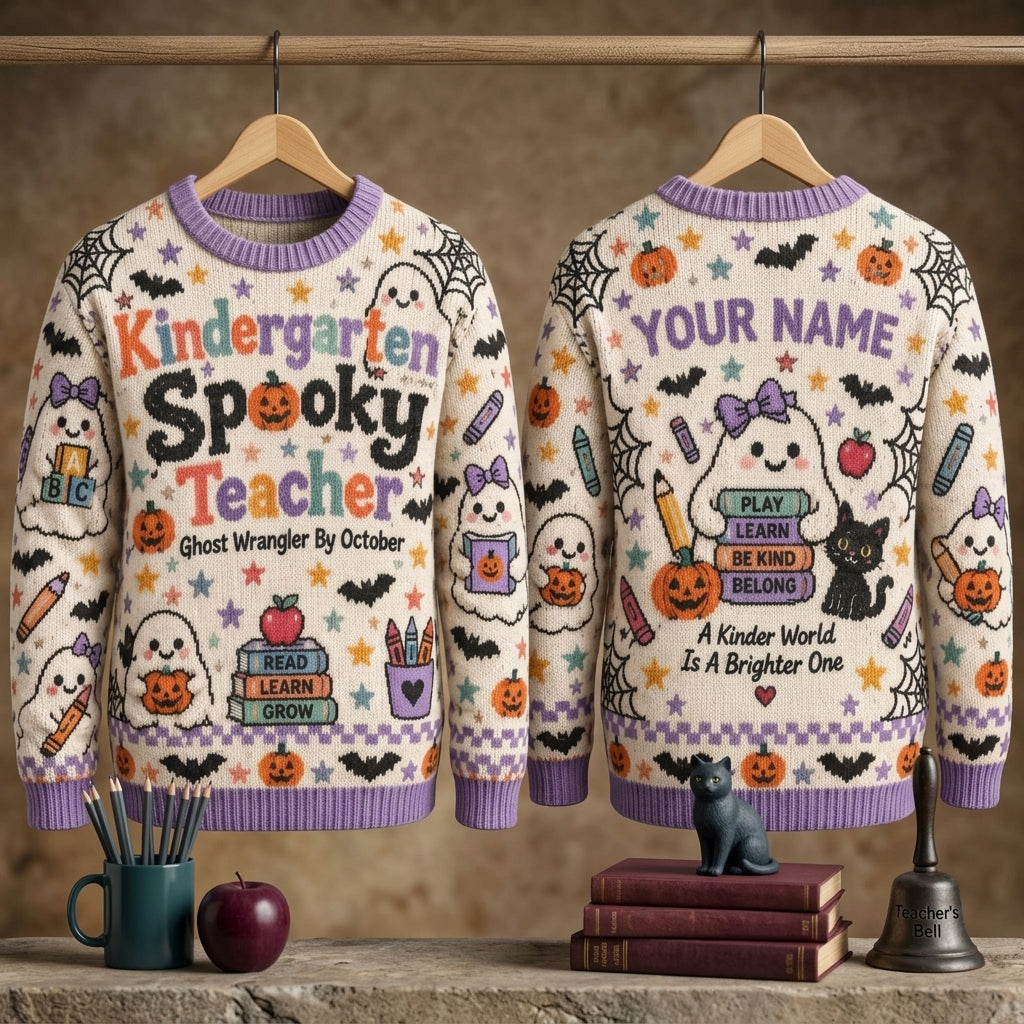 Custom Kindergarten Spooky Teacher Ugly Sweater - Halloween Ghost Wrangler Gift - mockup 3
