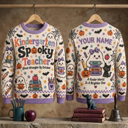 Custom Kindergarten Spooky Teacher Ugly Sweater - Halloween Ghost Wrangler Gift - mockup 3