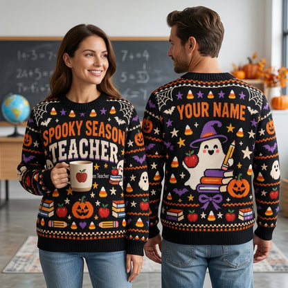 Personalized Spooky Season Teacher Ugly Sweater - Halloween Educator Gift - mockup 1