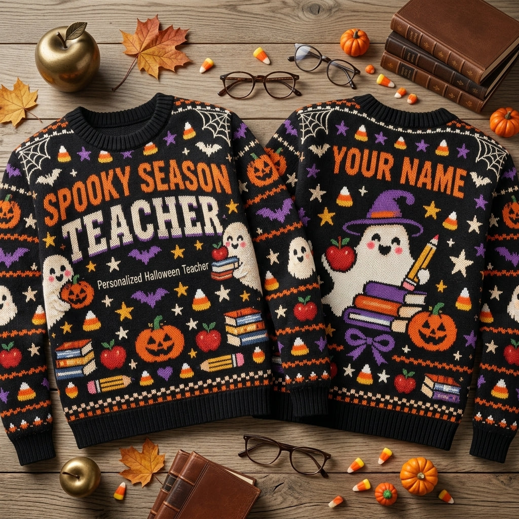 Personalized Spooky Season Teacher Ugly Sweater - Halloween Educator Gift - mockup 2