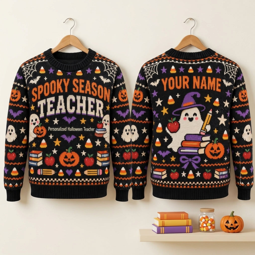 Personalized Spooky Season Teacher Ugly Sweater - Halloween Educator Gift - mockup 3