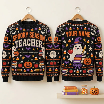 Personalized Spooky Season Teacher Ugly Sweater - Halloween Educator Gift - mockup 3
