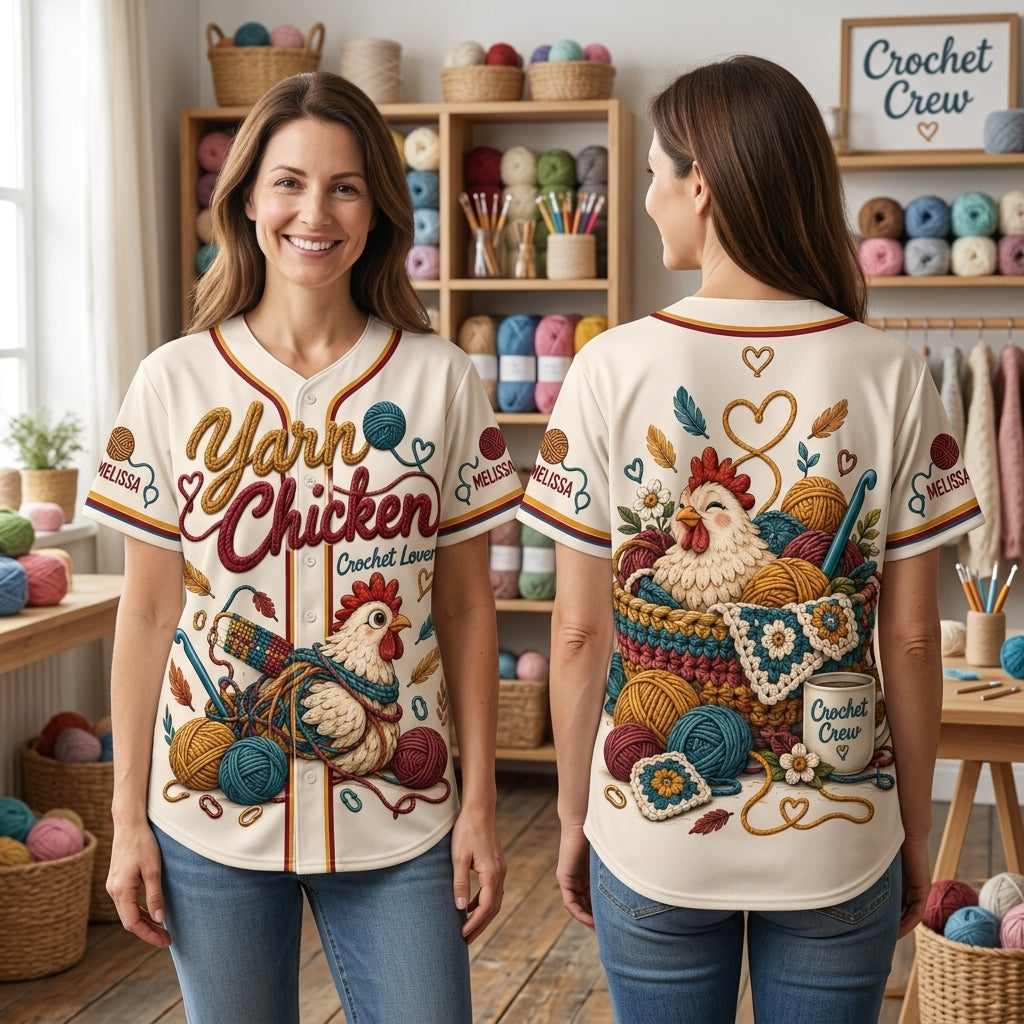 Custom Name Yarn Chicken Crochet Lover Baseball Jersey - Personalized Crafter Gift - mockup 1