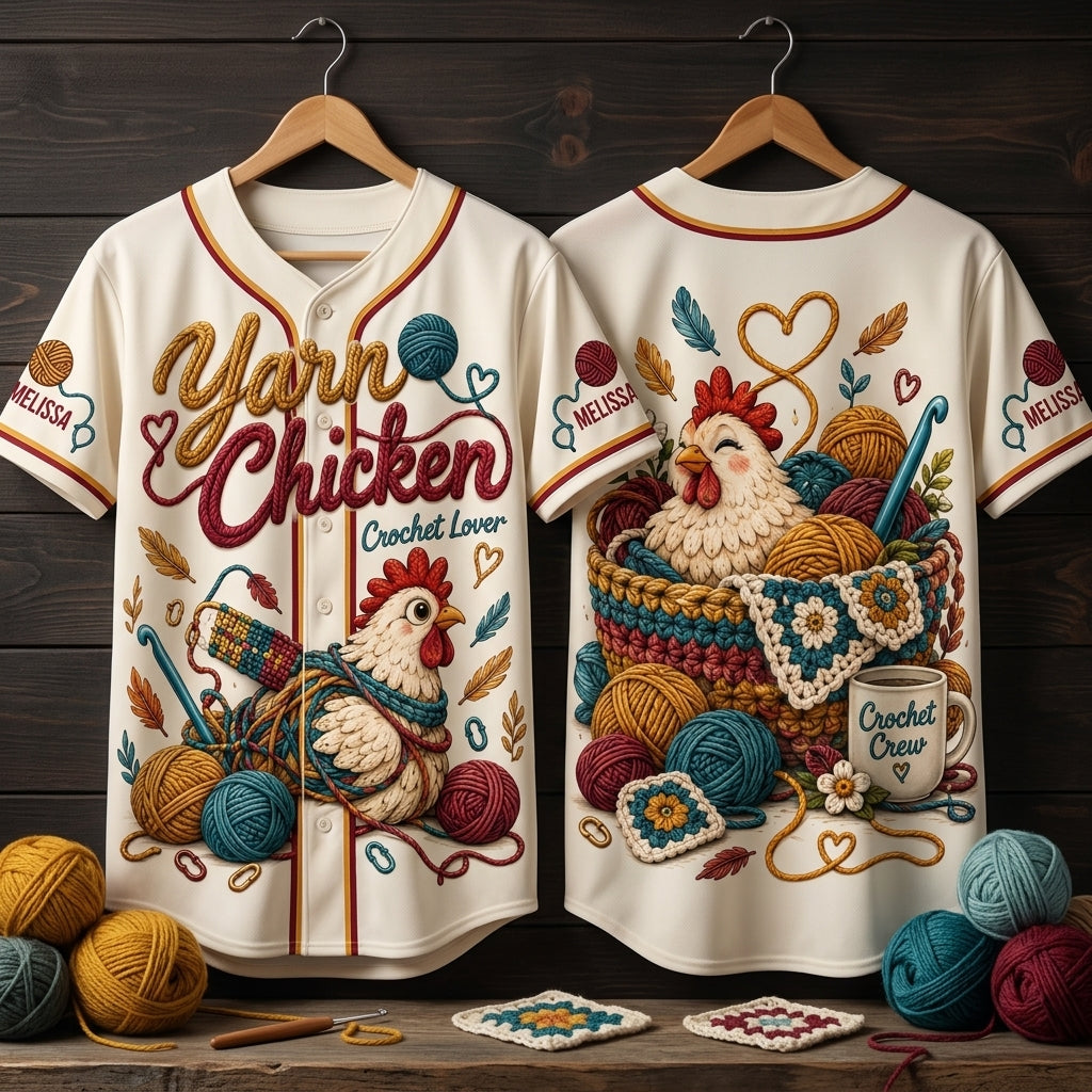 Custom Name Yarn Chicken Crochet Lover Baseball Jersey - Personalized Crafter Gift - mockup 3