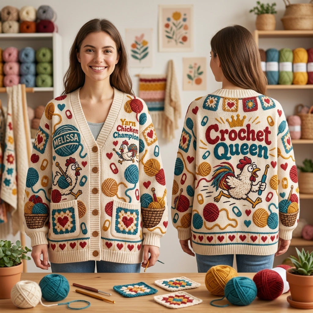 Personalized Yarn Chicken Champion Crochet Queen Cardigan – Gift for Crocheters - mockup 1