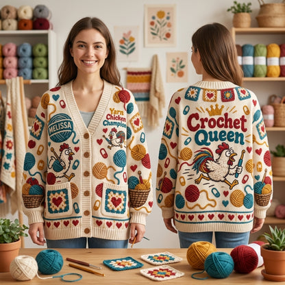Personalized Yarn Chicken Champion Crochet Queen Cardigan – Gift for Crocheters - mockup 1
