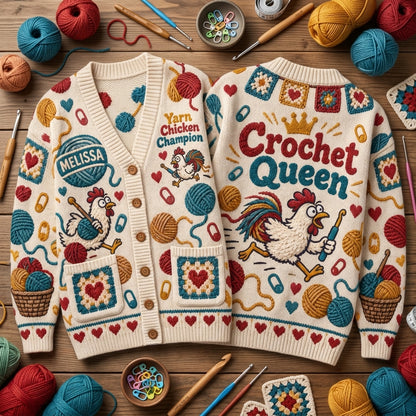 Personalized Yarn Chicken Champion Crochet Queen Cardigan – Gift for Crocheters - mockup 2