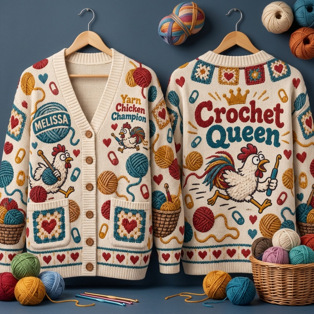 Personalized Yarn Chicken Champion Crochet Queen Cardigan – Gift for Crocheters - mockup 3