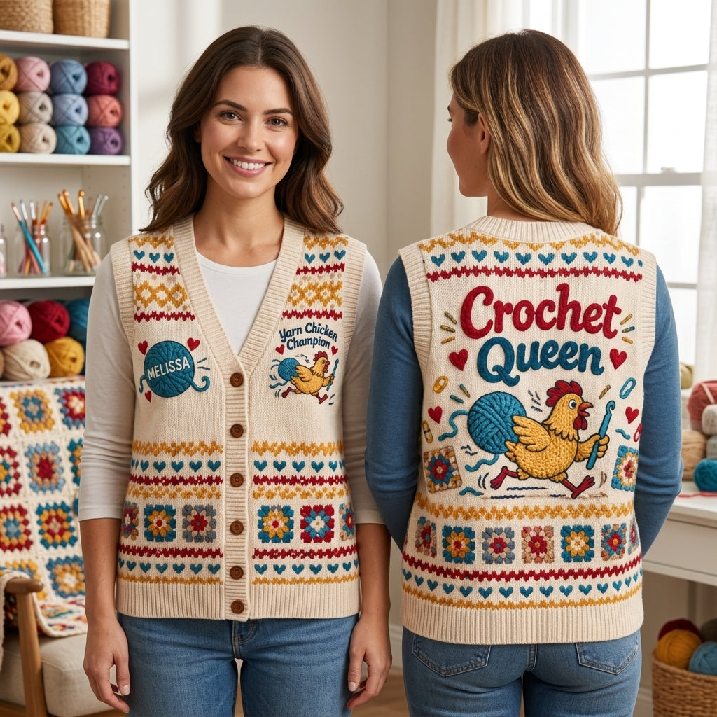 Personalized Yarn Chicken Champion Crochet Queen Cardigan Vest for Crafters - mockup 1