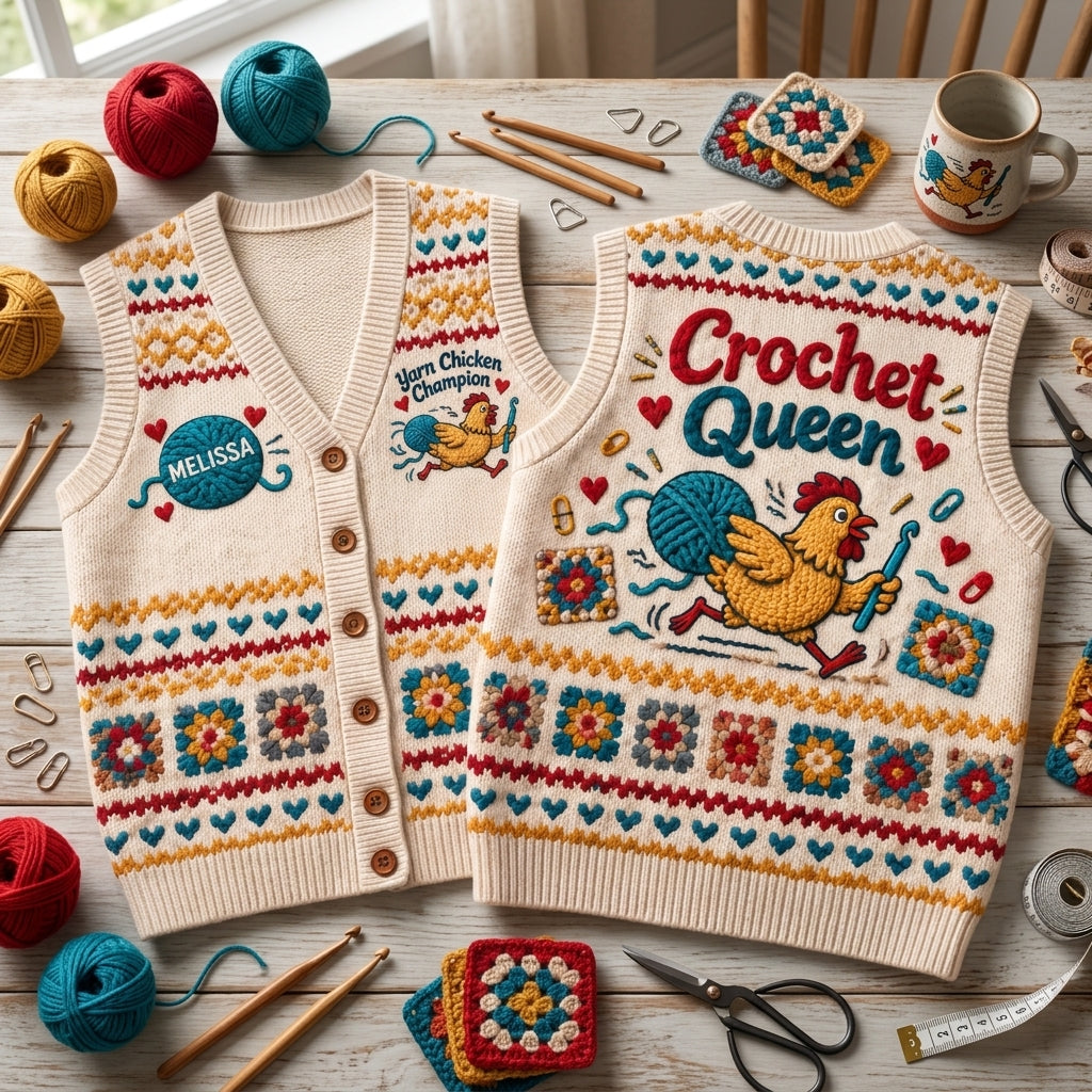 Personalized Yarn Chicken Champion Crochet Queen Cardigan Vest for Crafters - mockup 2