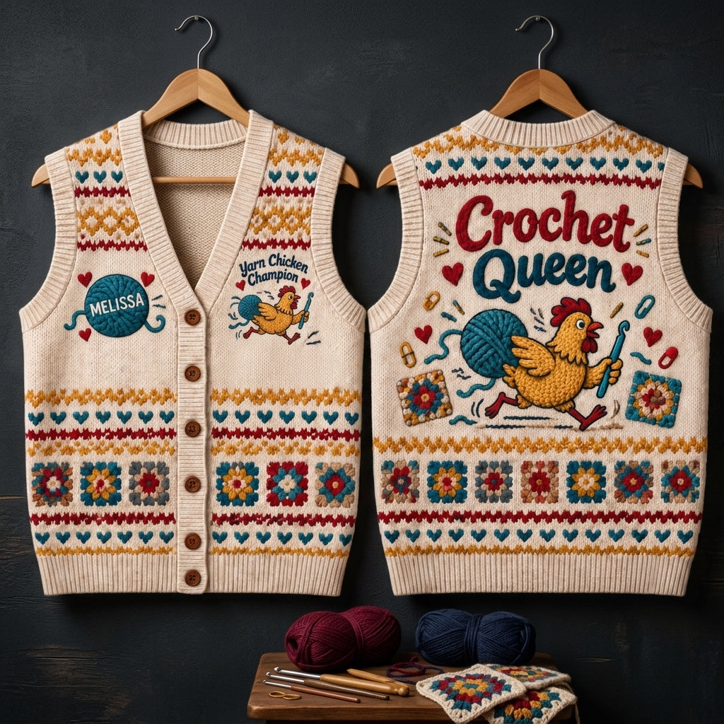 Personalized Yarn Chicken Champion Crochet Queen Cardigan Vest for Crafters - mockup 3