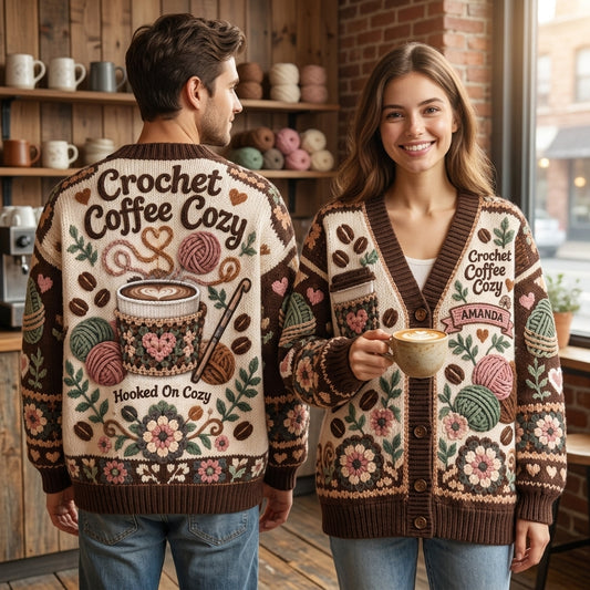 Personalized Crochet Coffee Cozy Knitted Cardigan – Gift for Crochet Enthusiasts - mockup 1