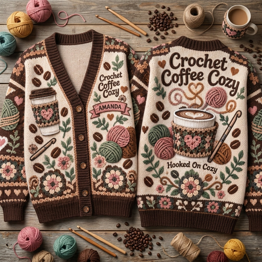 Personalized Crochet Coffee Cozy Knitted Cardigan – Gift for Crochet Enthusiasts - mockup 2