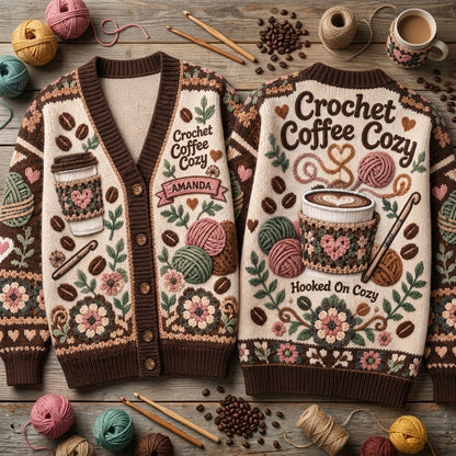 Personalized Crochet Coffee Cozy Knitted Cardigan – Gift for Crochet Enthusiasts - mockup 2