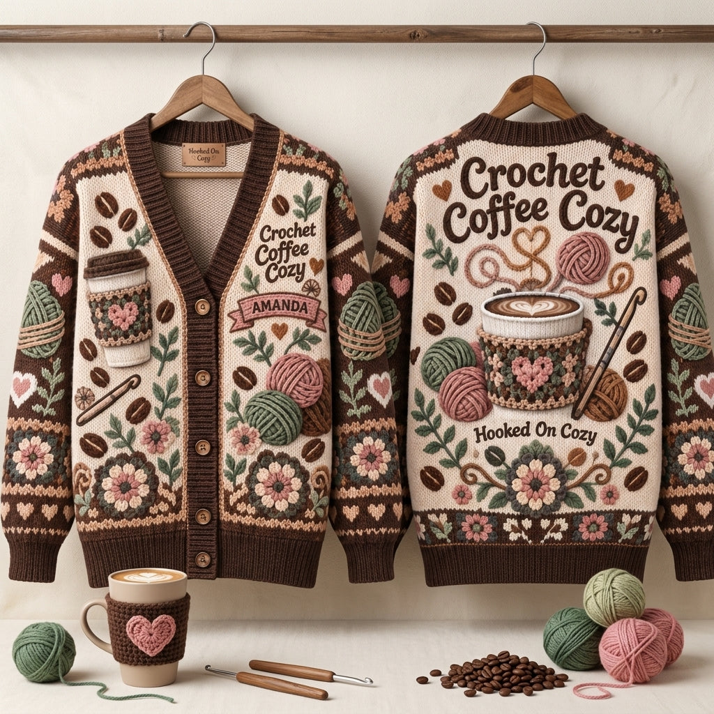 Personalized Crochet Coffee Cozy Knitted Cardigan – Gift for Crochet Enthusiasts - mockup 3