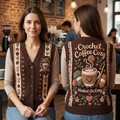 Personalized Crochet Coffee Cozy Cardigan Vest – Gift for Crafters - mockup 1