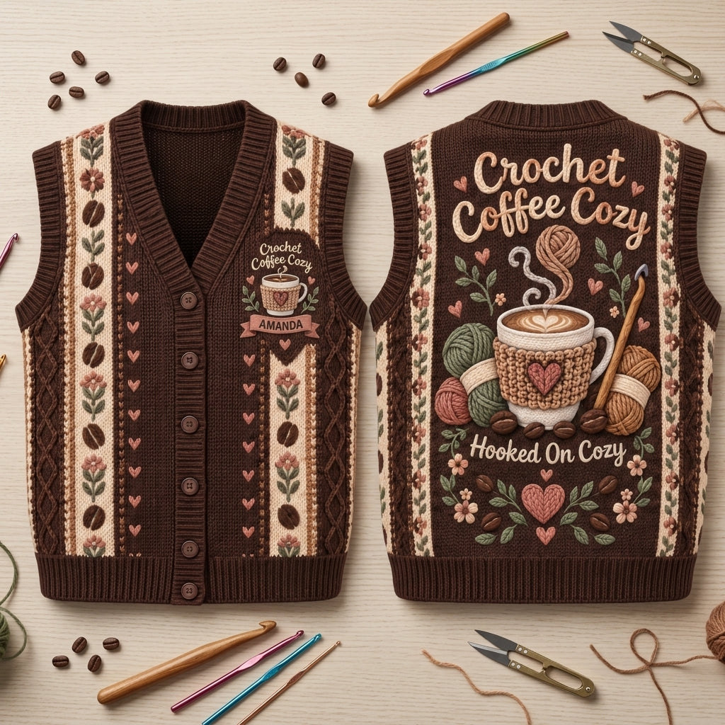 Personalized Crochet Coffee Cozy Cardigan Vest – Gift for Crafters - mockup 2
