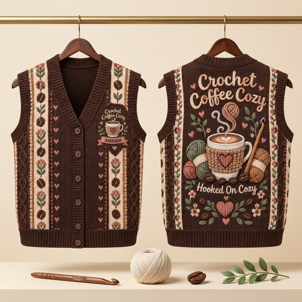 Personalized Crochet Coffee Cozy Cardigan Vest – Gift for Crafters - mockup 3