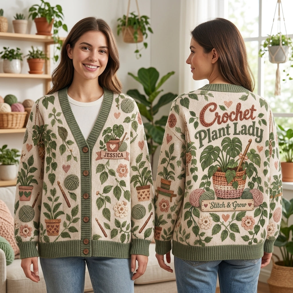 Custom Name Crochet Plant Lady Cardigan – Personalized Gift for Plant Lovers - mockup 1