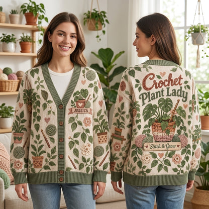 Custom Name Crochet Plant Lady Cardigan – Personalized Gift for Plant Lovers - mockup 1