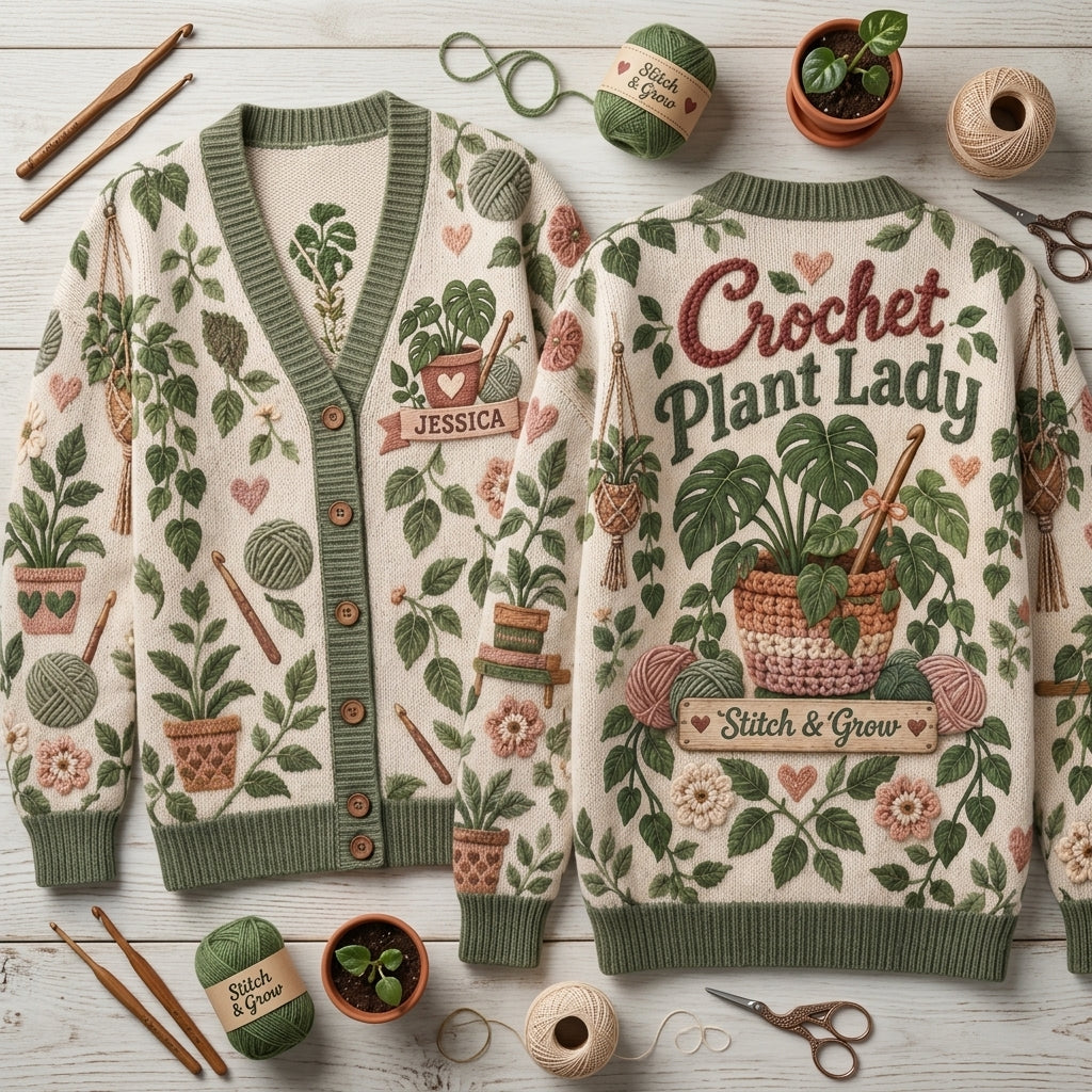 Custom Name Crochet Plant Lady Cardigan – Personalized Gift for Plant Lovers - mockup 2