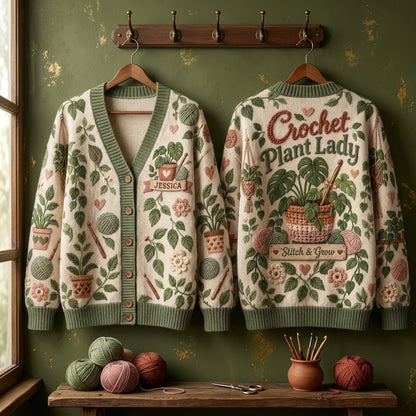 Custom Name Crochet Plant Lady Cardigan – Personalized Gift for Plant Lovers - mockup 3
