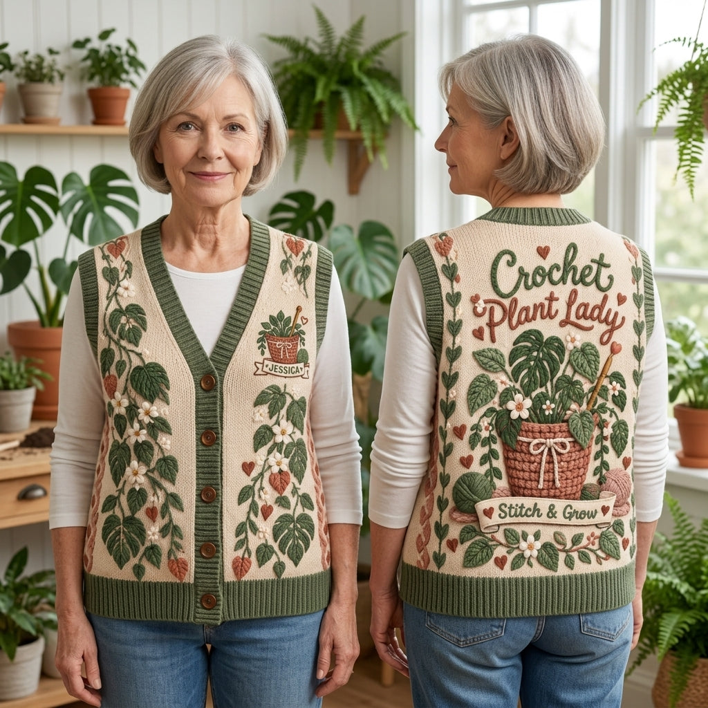 Custom Crochet Plant Lady Personalized Cardigan Vest – Gift for Gardeners - mockup 1