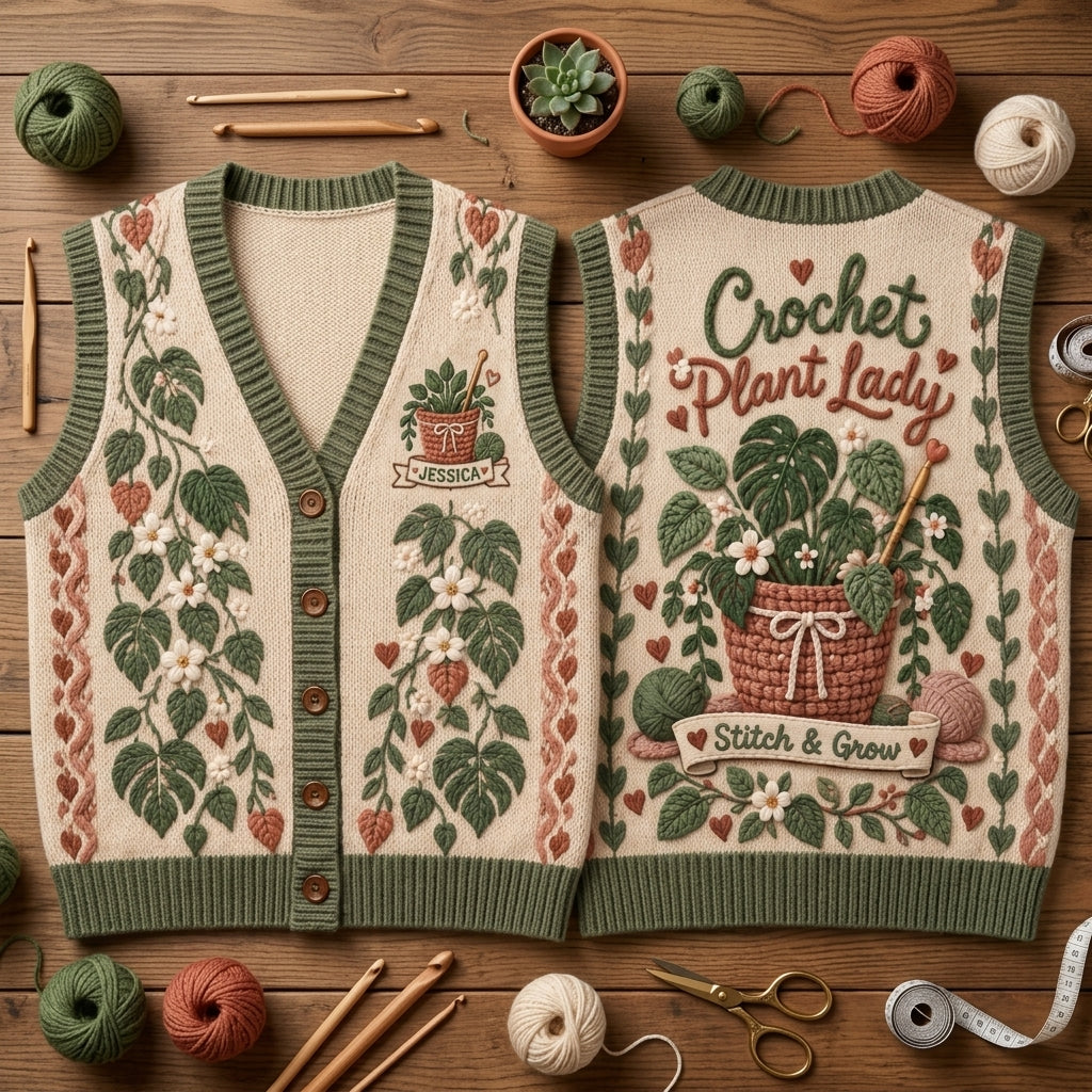 Custom Crochet Plant Lady Personalized Cardigan Vest – Gift for Gardeners - mockup 2