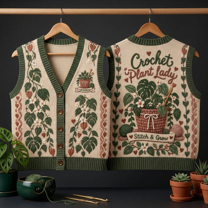 Custom Crochet Plant Lady Personalized Cardigan Vest – Gift for Gardeners - mockup 3