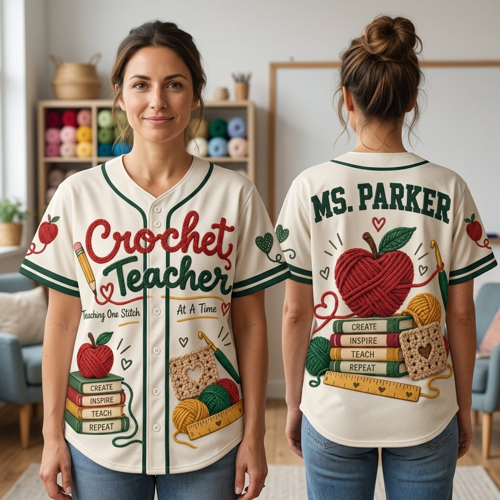 Custom Crochet Teacher Baseball Jersey - Personalized Teacher Appreciation Gift - mockup 1