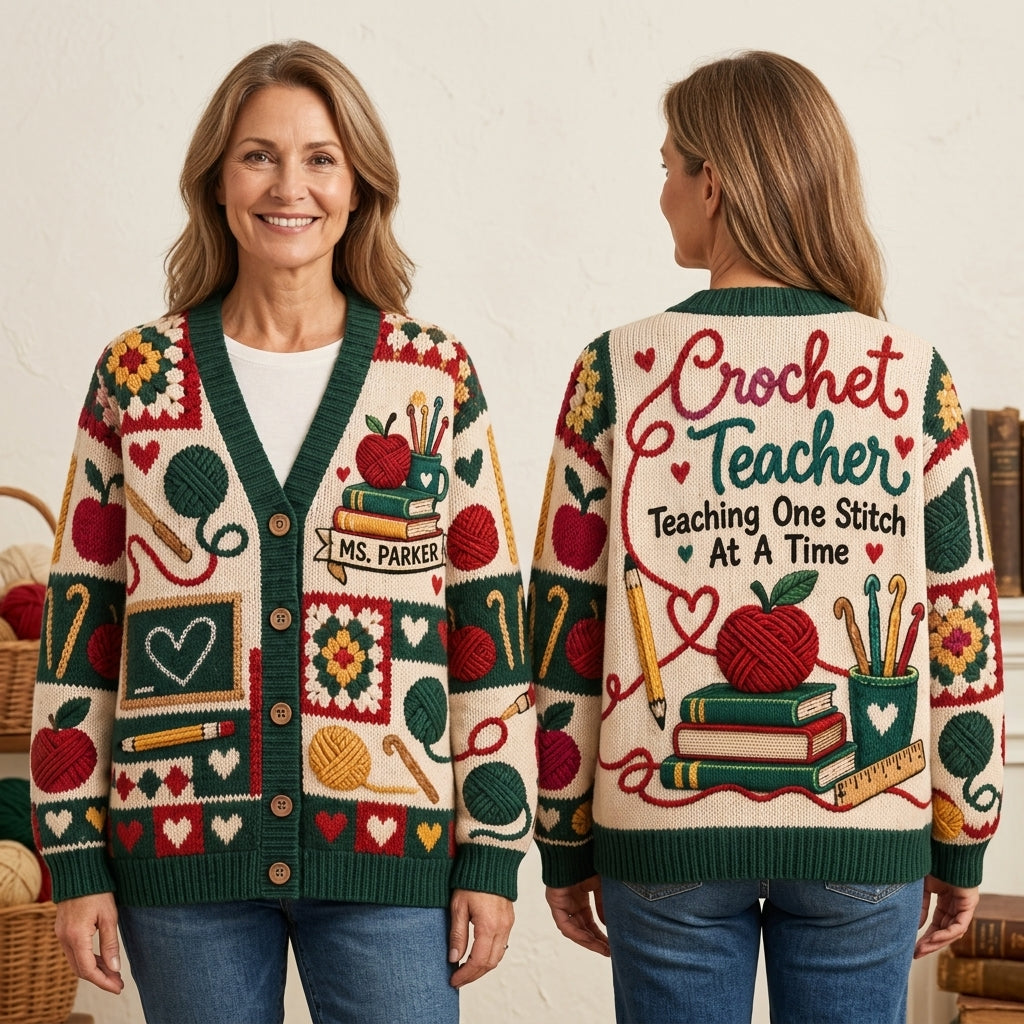 Custom Crochet Teacher Cardigan – Personalized Teaching One Stitch At A Time Gift - mockup 1