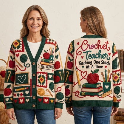 Custom Crochet Teacher Cardigan – Personalized Teaching One Stitch At A Time Gift - mockup 1