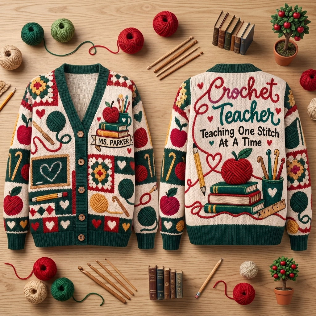 Custom Crochet Teacher Cardigan – Personalized Teaching One Stitch At A Time Gift - mockup 2