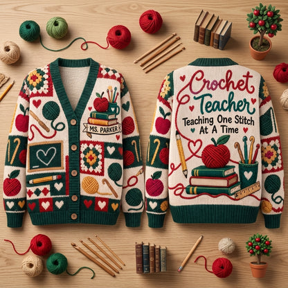 Custom Crochet Teacher Cardigan – Personalized Teaching One Stitch At A Time Gift - mockup 2
