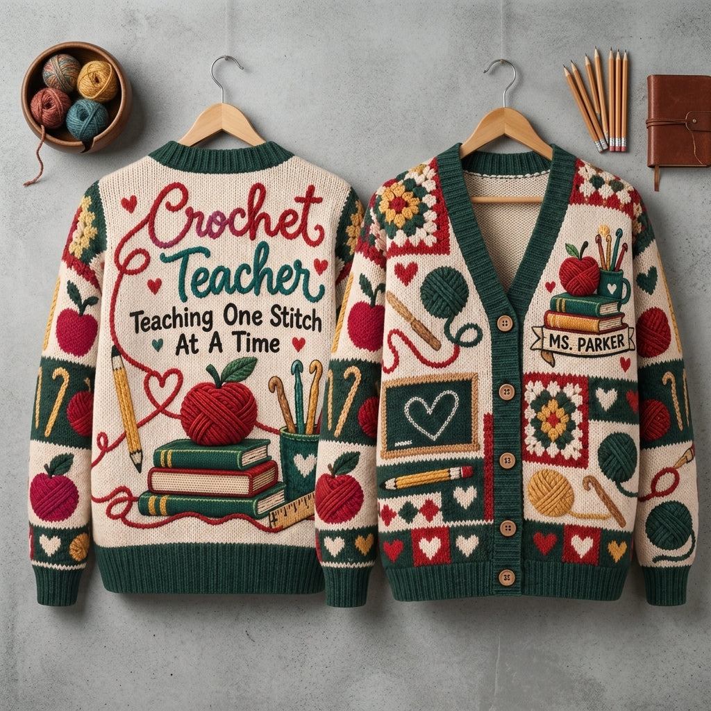 Custom Crochet Teacher Cardigan – Personalized Teaching One Stitch At A Time Gift - mockup 3
