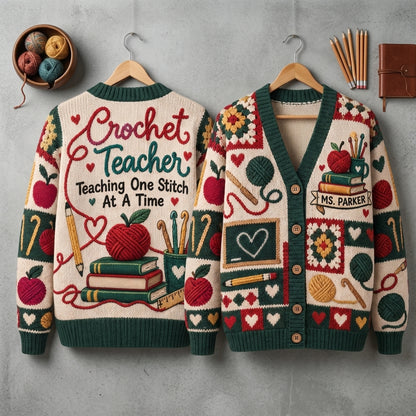 Custom Crochet Teacher Cardigan – Personalized Teaching One Stitch At A Time Gift - mockup 3