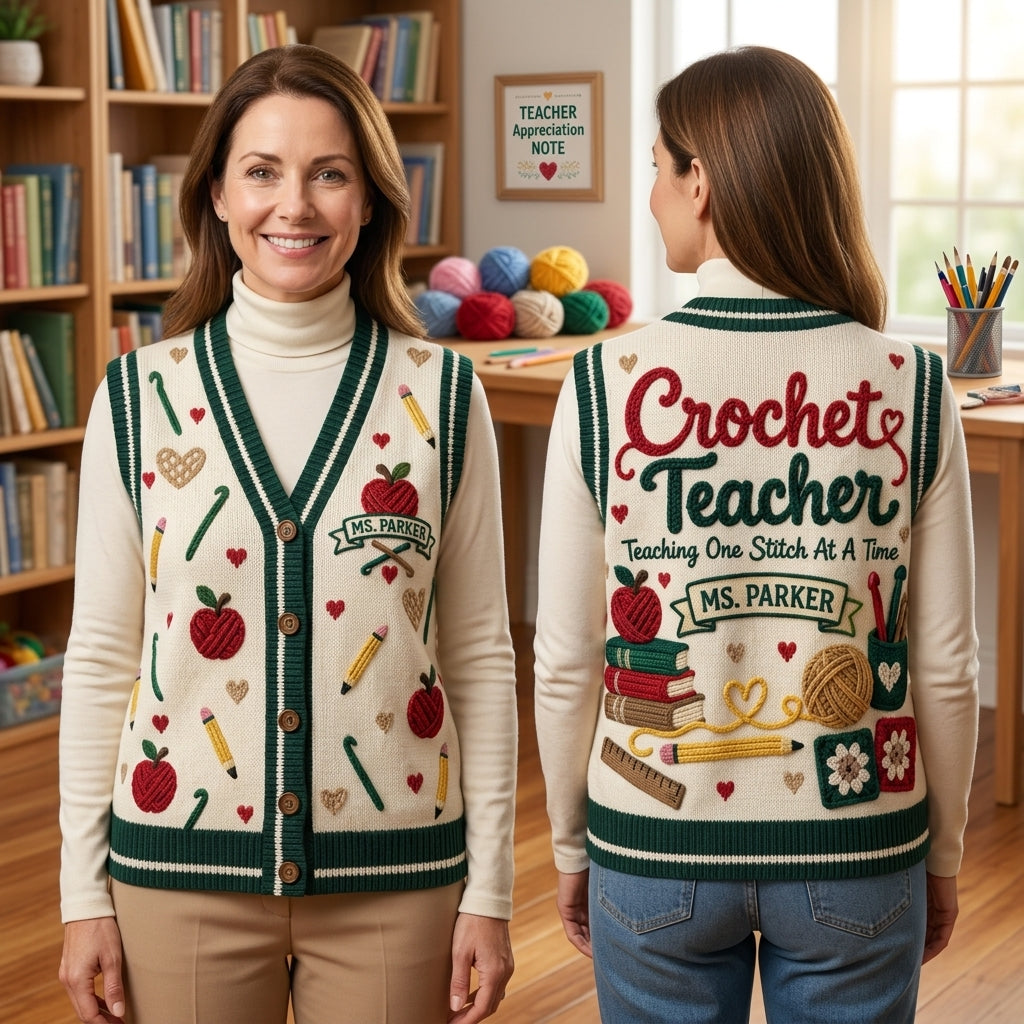 Personalized Crochet Teacher Cardigan Vest – Custom Gift for Educators - mockup 1