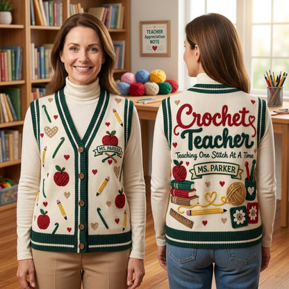 Personalized Crochet Teacher Cardigan Vest – Custom Gift for Educators - mockup 1