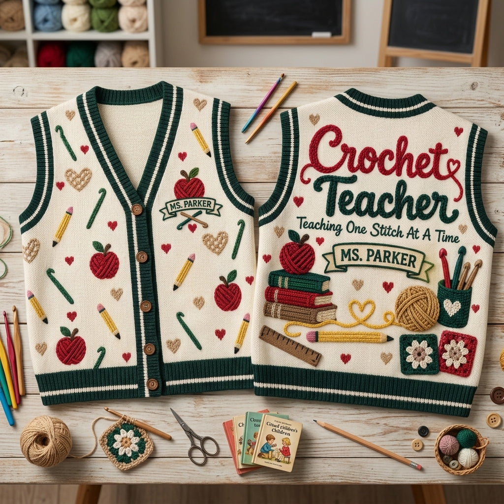Personalized Crochet Teacher Cardigan Vest – Custom Gift for Educators - mockup 2