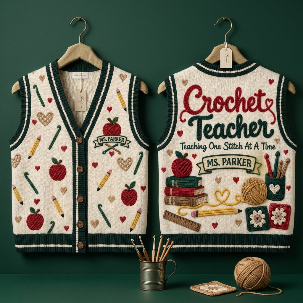 Personalized Crochet Teacher Cardigan Vest – Custom Gift for Educators - mockup 3
