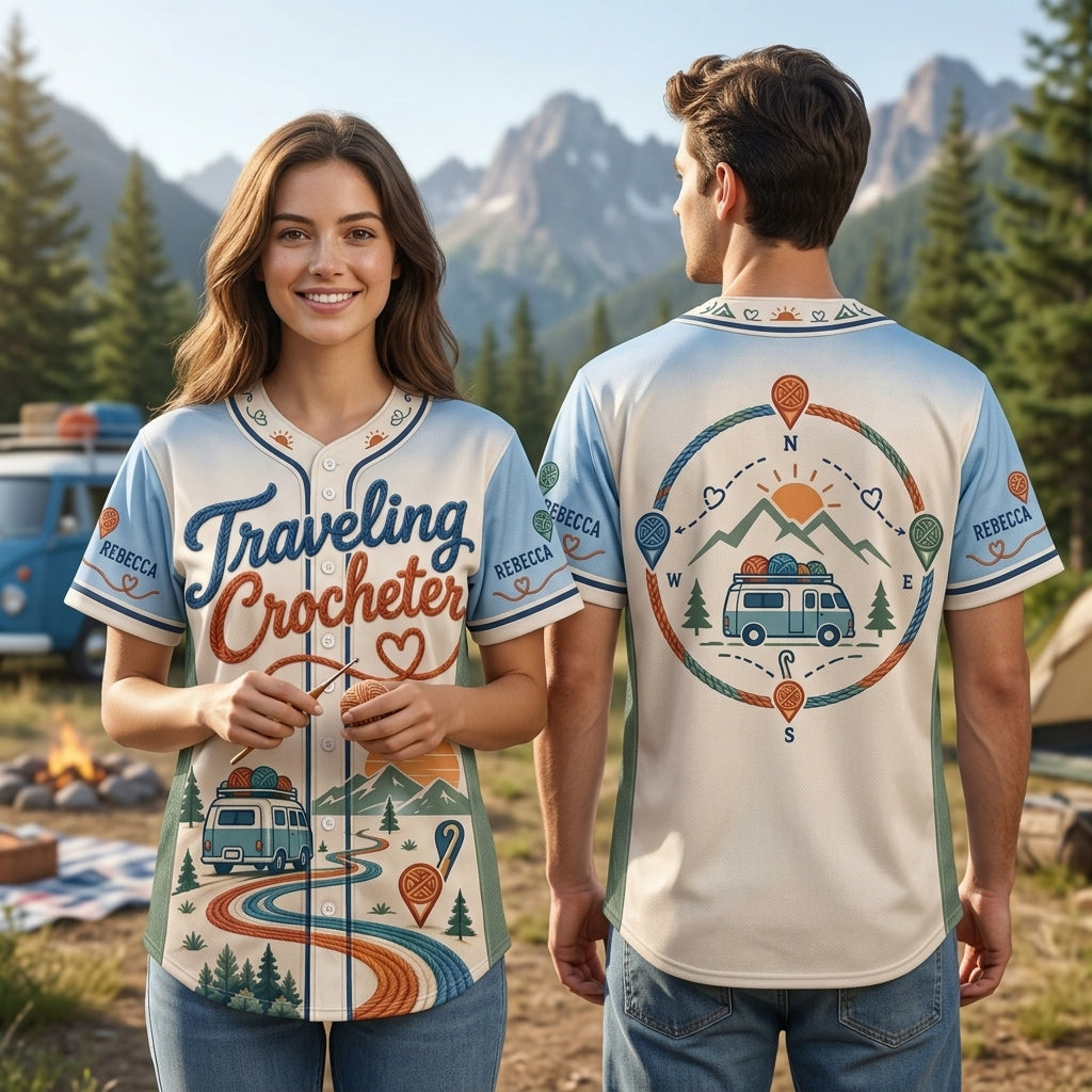 Custom Traveling Crocheter Baseball Jersey - Personalized Yarn Artist Apparel - mockup 1