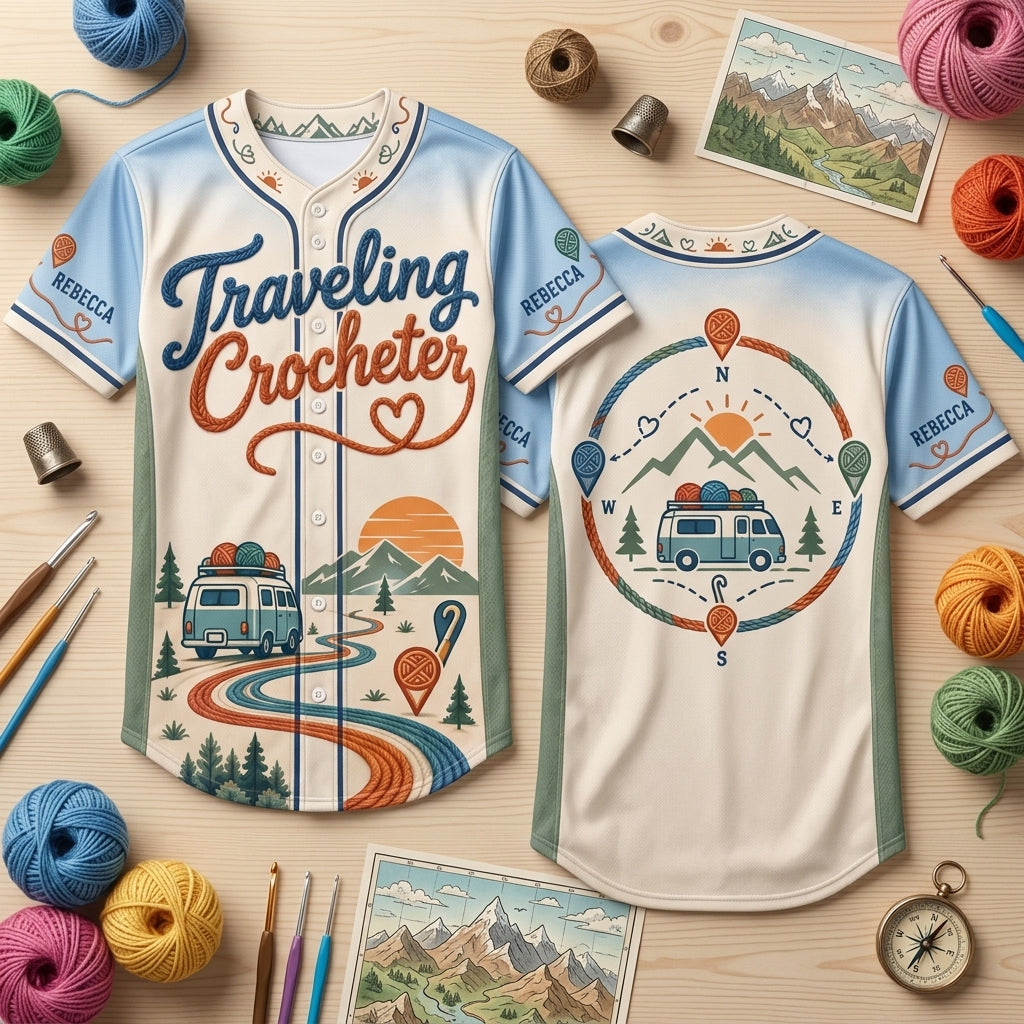 Custom Traveling Crocheter Baseball Jersey - Personalized Yarn Artist Apparel - mockup 2