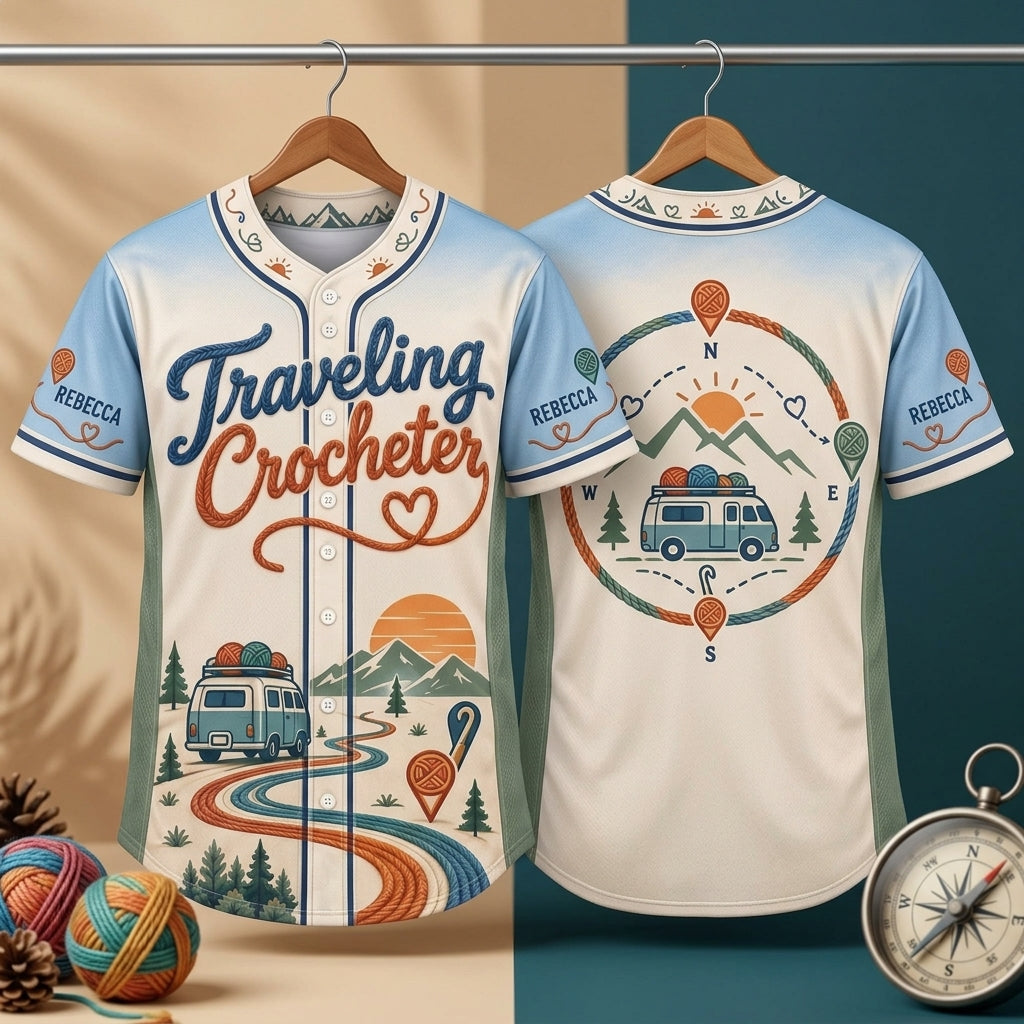 Custom Traveling Crocheter Baseball Jersey - Personalized Yarn Artist Apparel - mockup 3