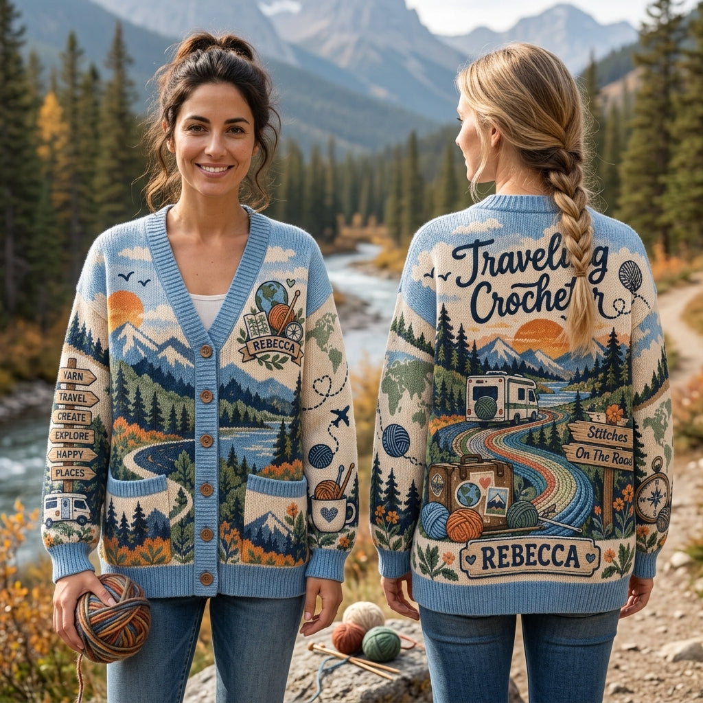 Personalized Traveling Crocheter Oversized Cardigan - Custom Gift for Crafters - mockup 1