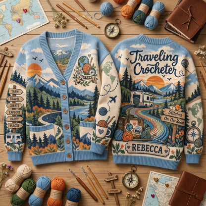 Personalized Traveling Crocheter Oversized Cardigan - Custom Gift for Crafters - mockup 2